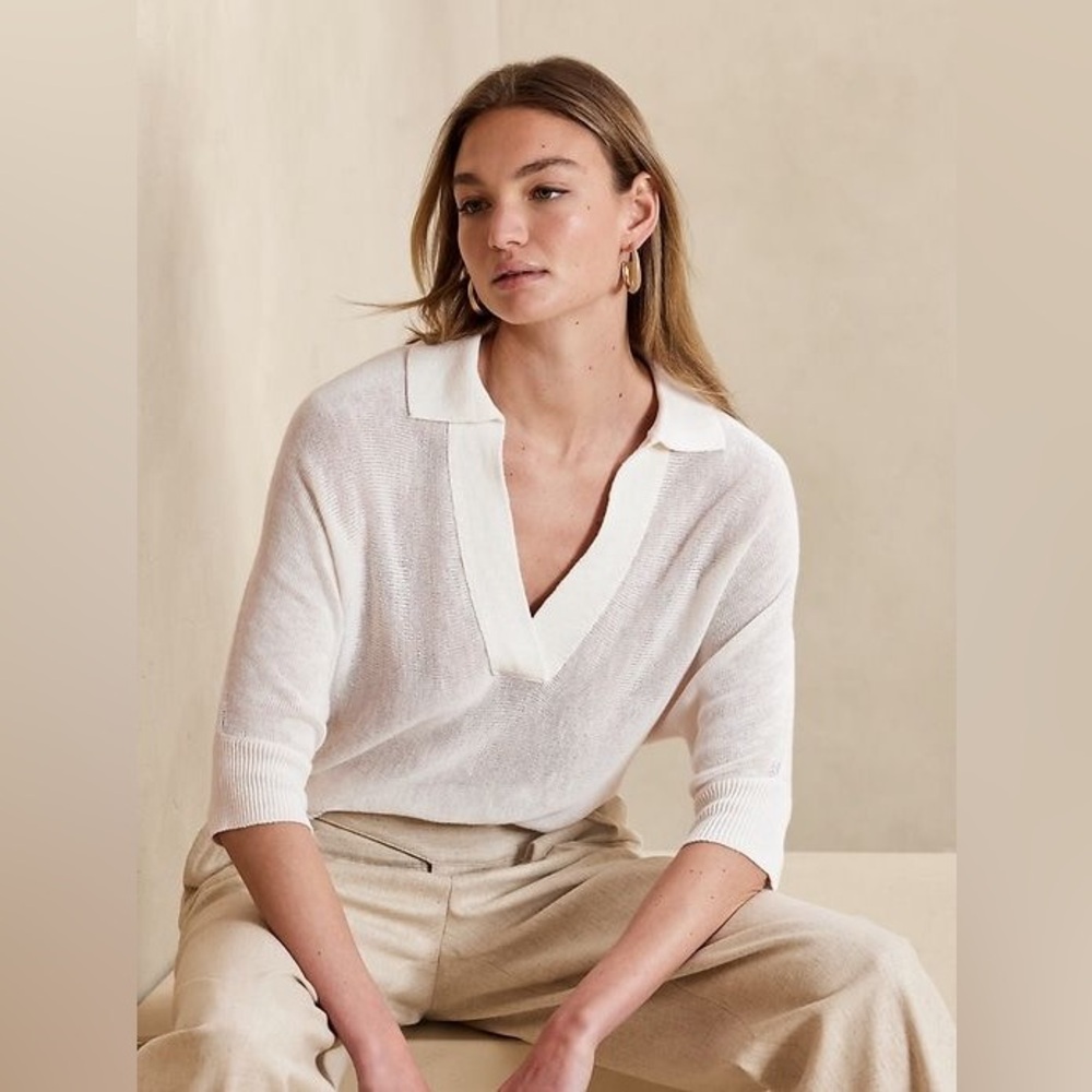 Women's White Oversize-Collar Quarter-Sleeve Pullover Top